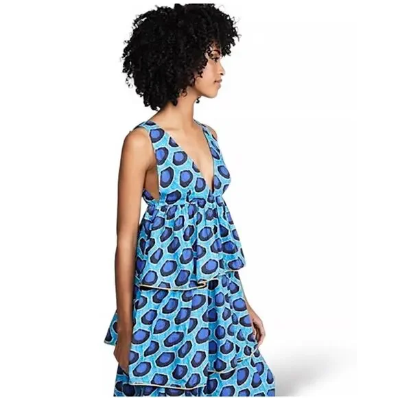 Rhode Leela Tiered Abstract Print Cotton Midi Dress‎ in Blue Ikat Size Medium - Picture 3 of 10